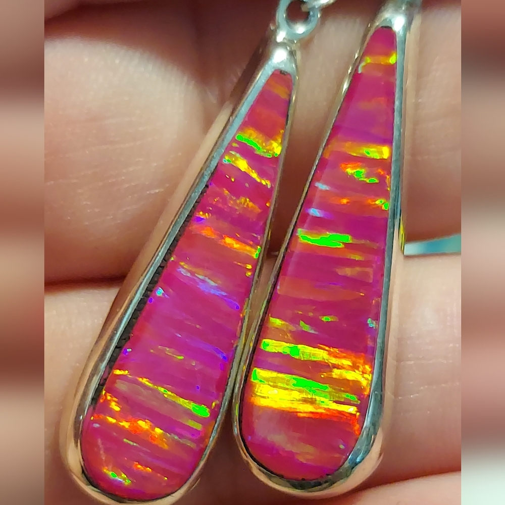 New Sterling Silver & Pink Green Yellow Purple Lab Opal Long Earrings 💕